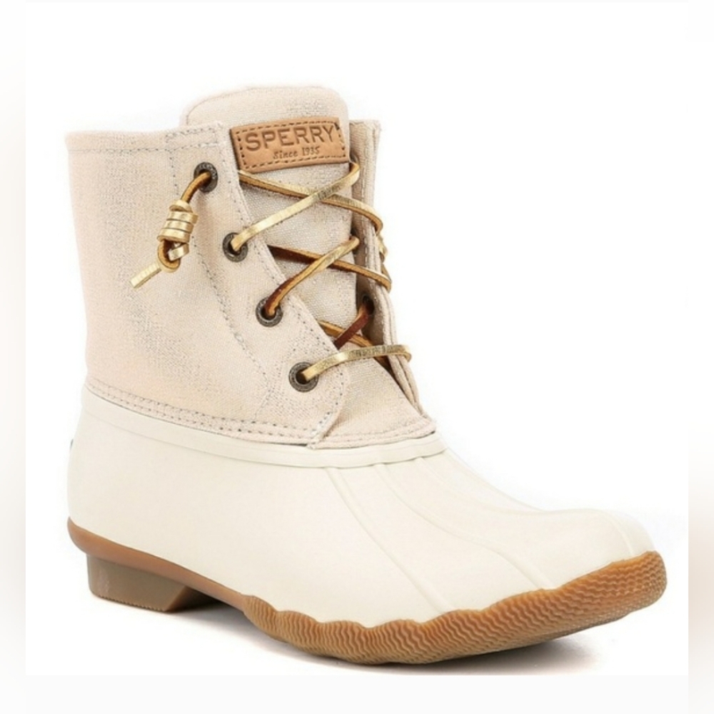 Sperry Topsider Saltwater Oat/Gold Waterproof Duck Booties Rain Boots 9.5